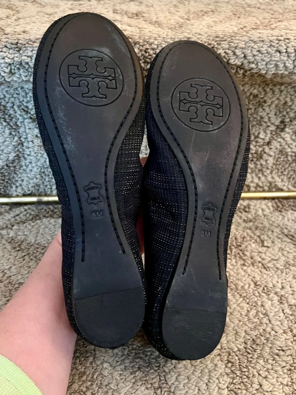 GUC Tory Burch Black Gold Glitter Caroline Ballet Flats Shoes Size 8M 8 Medium